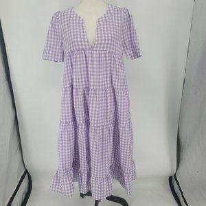 BiBi Plaid Gingham Midi Dress Purple White Short Sleeve V-Neck Size Large NEW